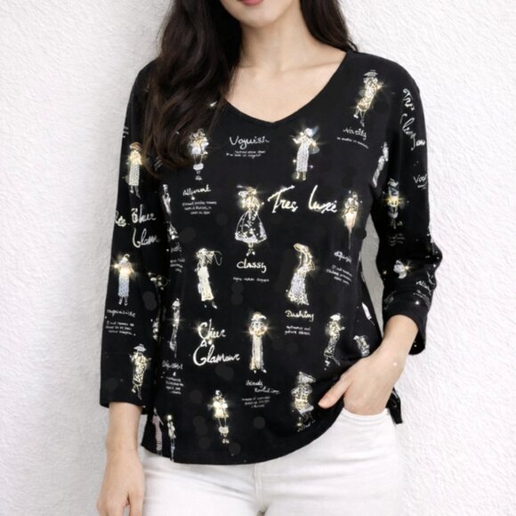 Jess & Jane Tops - Jess and Jane Black Printed 3/4 Sleeve Shirt